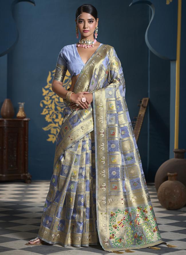 Organza Pastel Blue Party Wear Weaving Saree